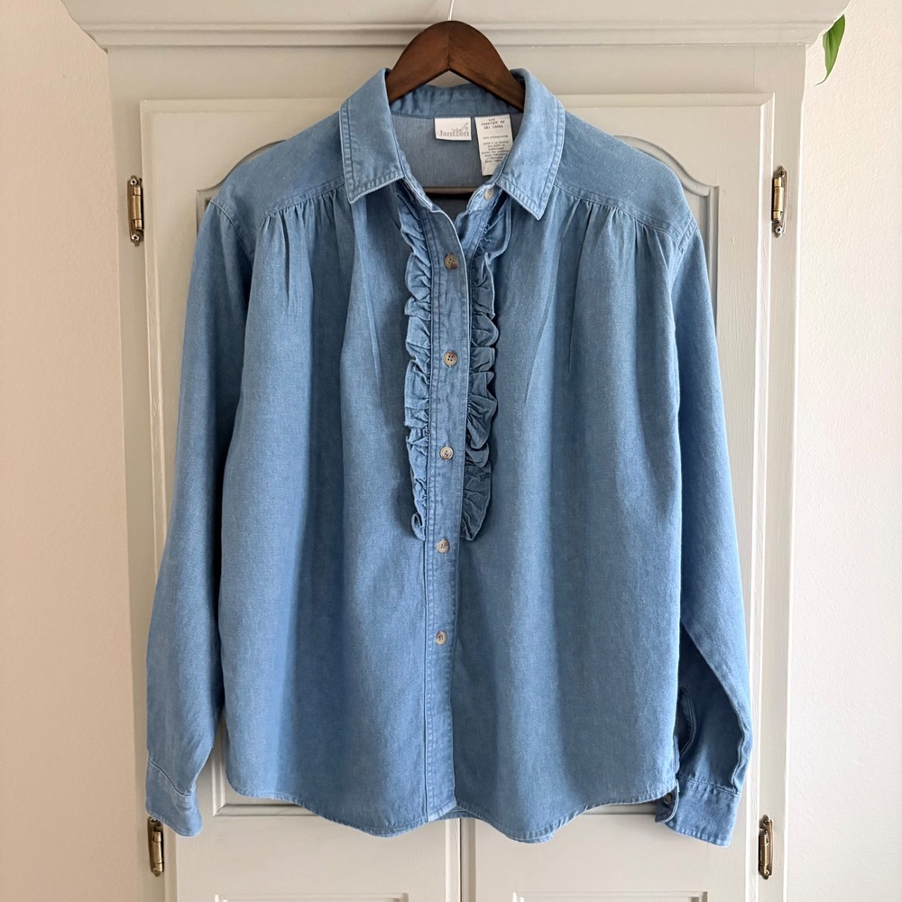 Vintage JANTZEN Denim Button Down Shirt with Ruffled Placket 100% Cotton Large